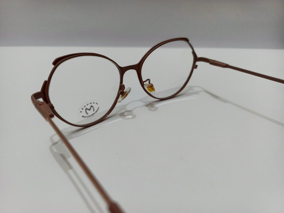 Ladies rose brown rounded cat-eye metal prescription glasses with sculpted brow accents, size 52-16-138