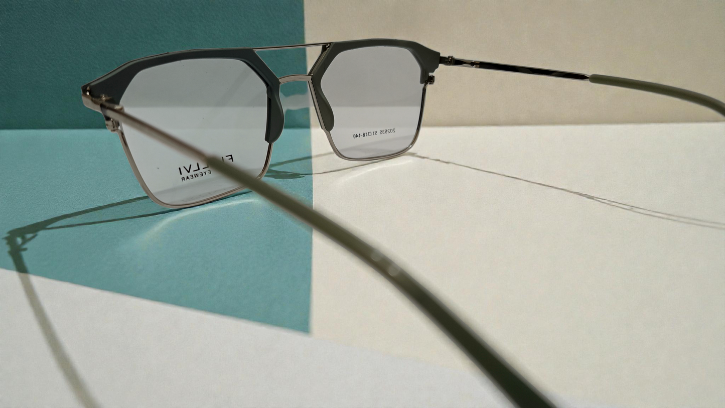 Matte dark olive green front with polished silver-tone metal temples Color Urban Architect:FIALLVI Geometric Frame by Bird Eye Optics Emart