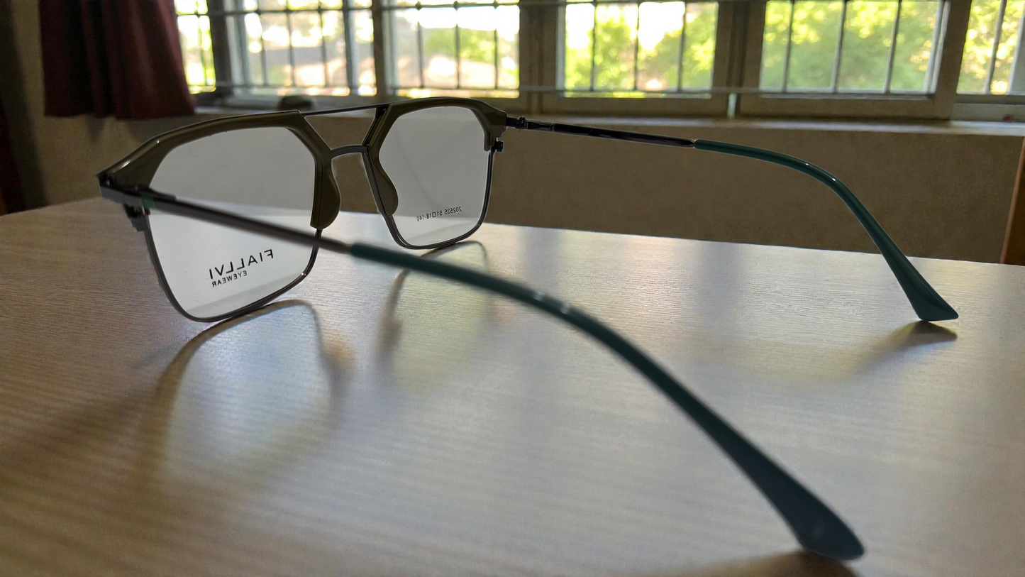 Dark moss green front with dark charcoal grey temples color urban Architect:FIALLVI Geometric Frame by Bird Eye Optics Emart