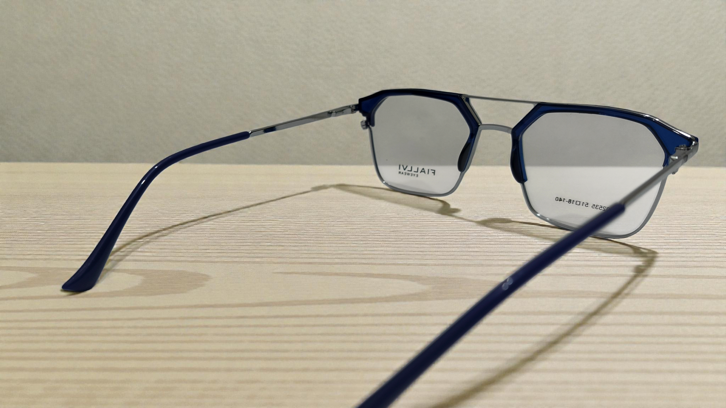 Translucent blue front with polished silver temples color urban Architect:FIALLVI Geometric Frame by Bird Eye Optics Emart