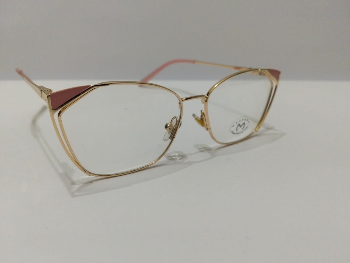 Three-quarter view of gold and pink cat-eye eyeglass frame