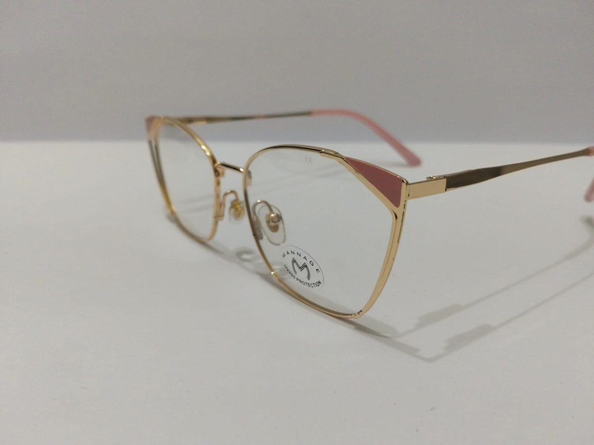 Side angle showing gold temples and pink tips