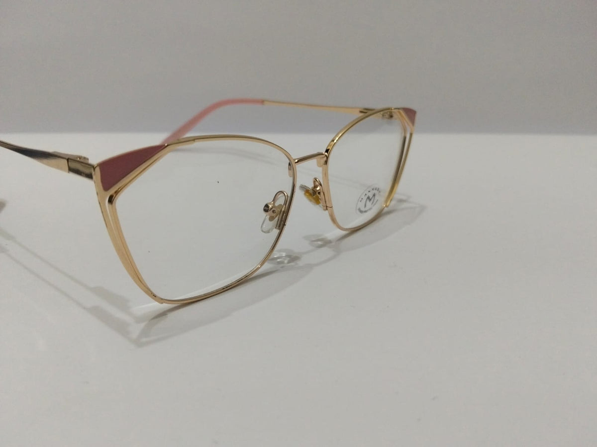 Angled close-up of gold and pink optical glasses