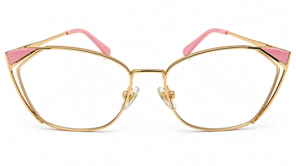 Front view of gold metal cat-eye eyeglasses with pink accents