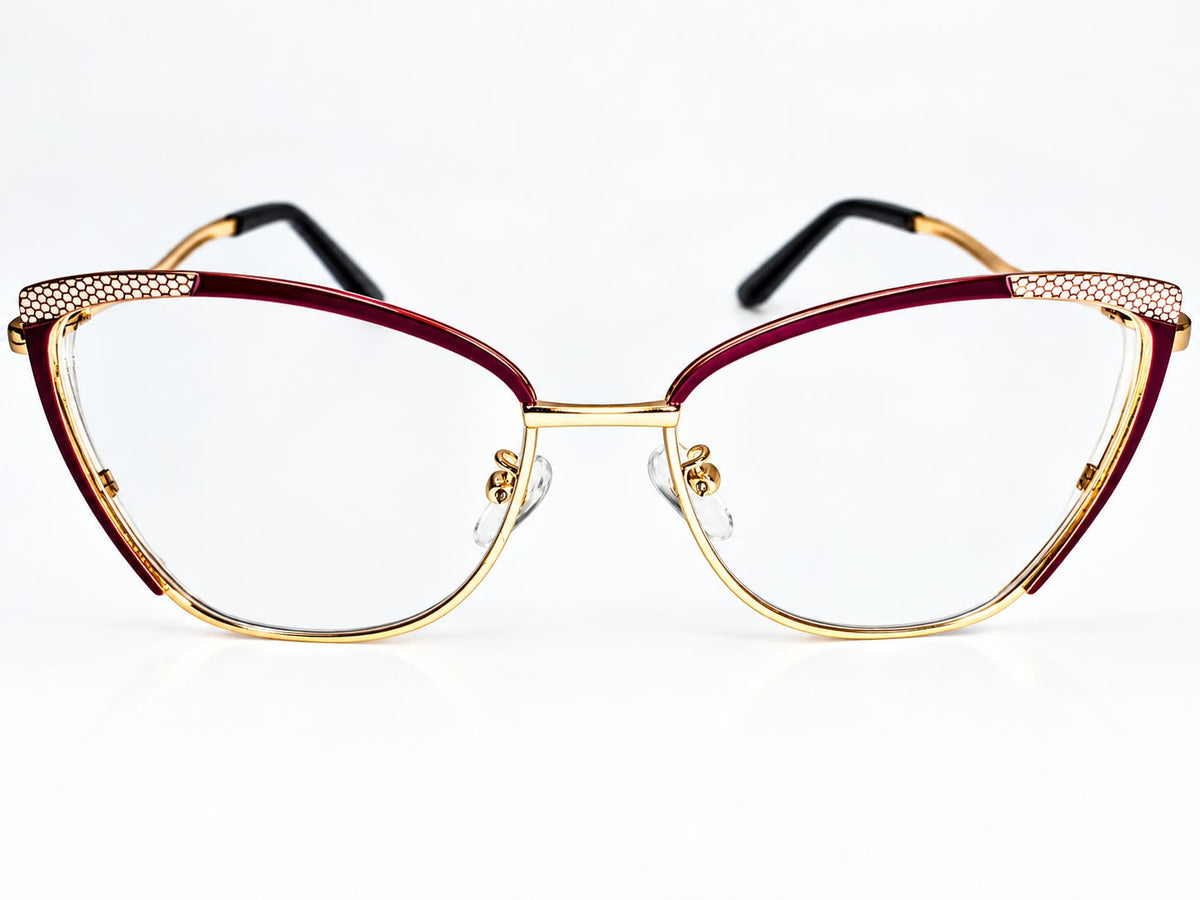 Front view: gold-tone cat-eye eyeglass frame with maroon trim