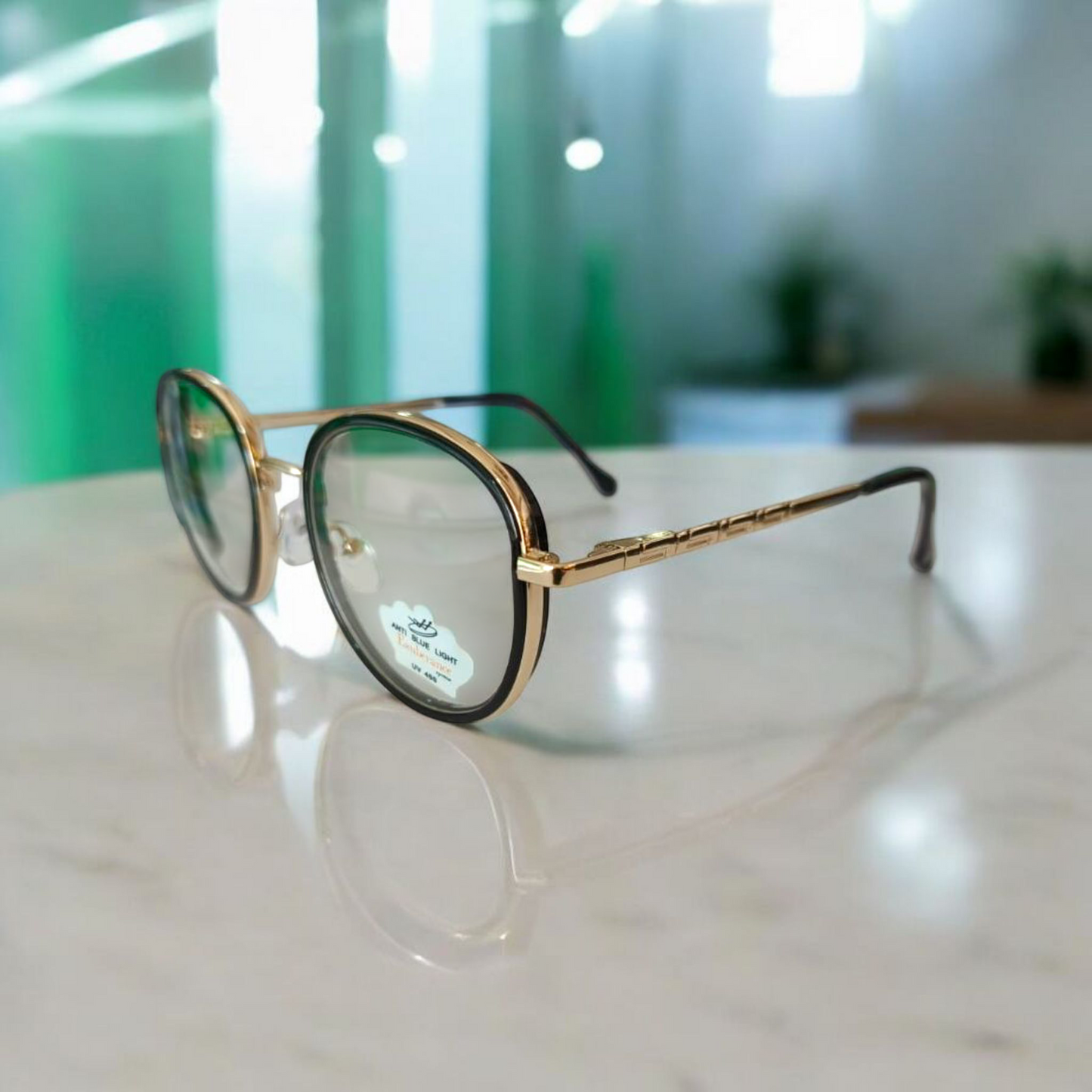 Elegant Golden-Rimmed Blue Light Blocking Glasses for Stylish Protection