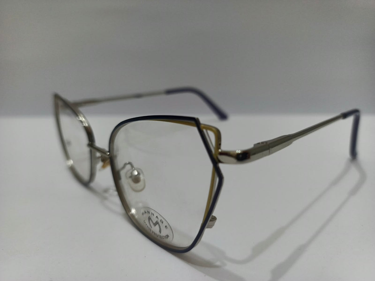 Ladies Navy Blue, Yellow & Silver Cat-Eye Prescription Glasses – 52-17-134