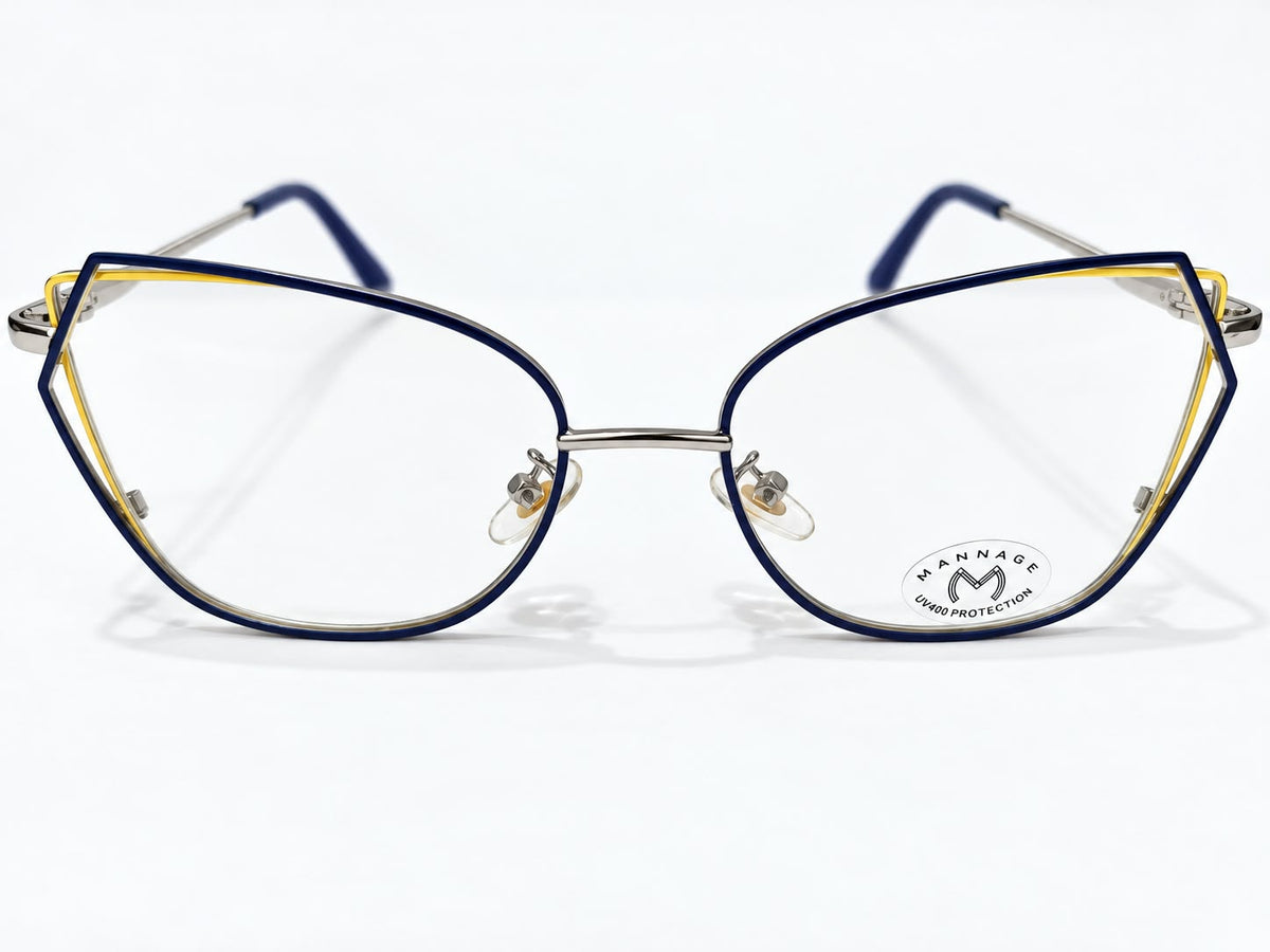 Ladies Navy Blue, Yellow & Silver Cat-Eye Prescription Glasses – 52-17-134