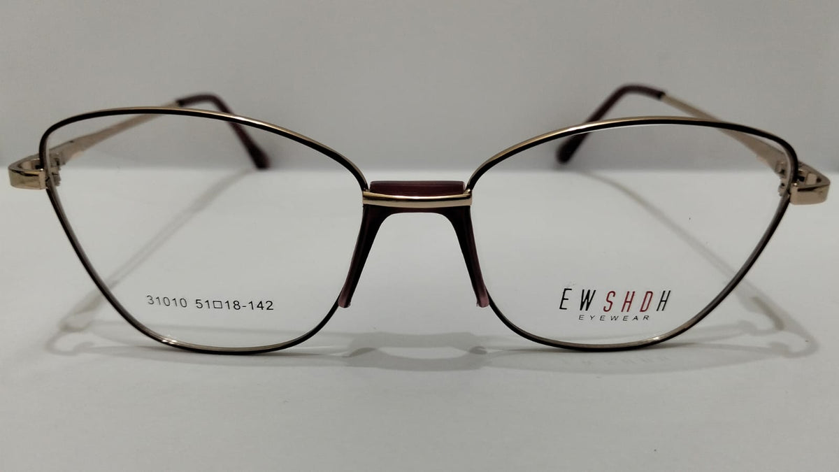 Front view of gold-tone full-rim metal eyeglasses model 31010 with burgundy accents