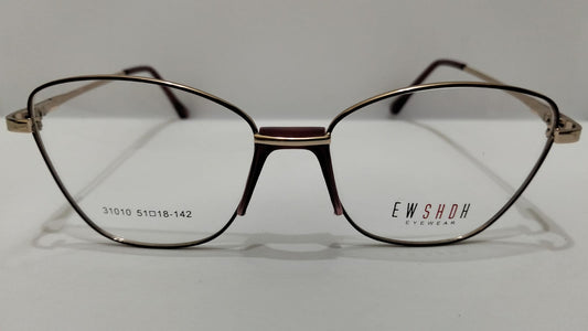 Front view of gold-tone full-rim metal eyeglasses model 31010 with burgundy accents