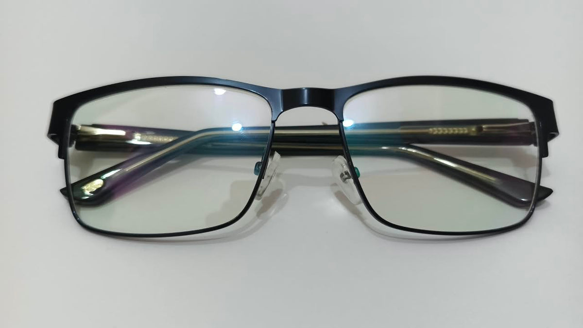 Front view of gunmetal dark-blue rectangular eyeglasses