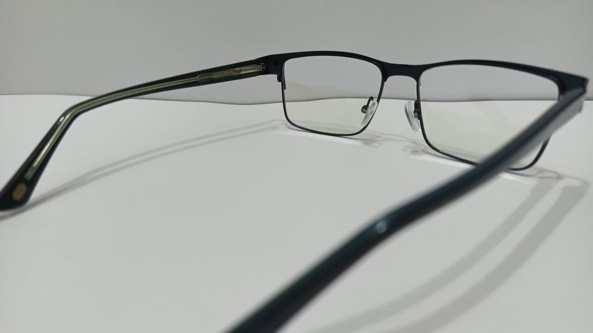 Side view of gunmetal dark-blue rectangular eyeglasses