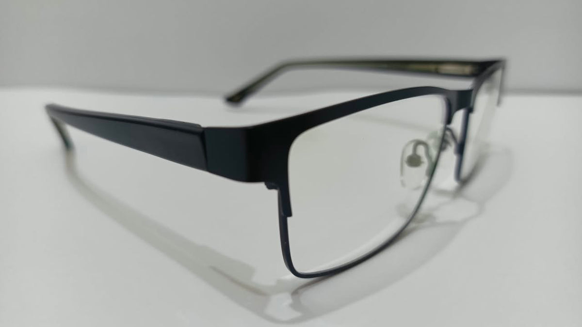 Angled view of gunmetal dark-blue rectangular eyeglasses