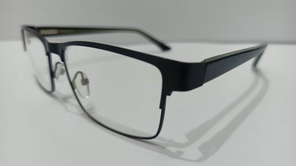 Three-quarter view of gunmetal dark-blue rectangular eyeglasses