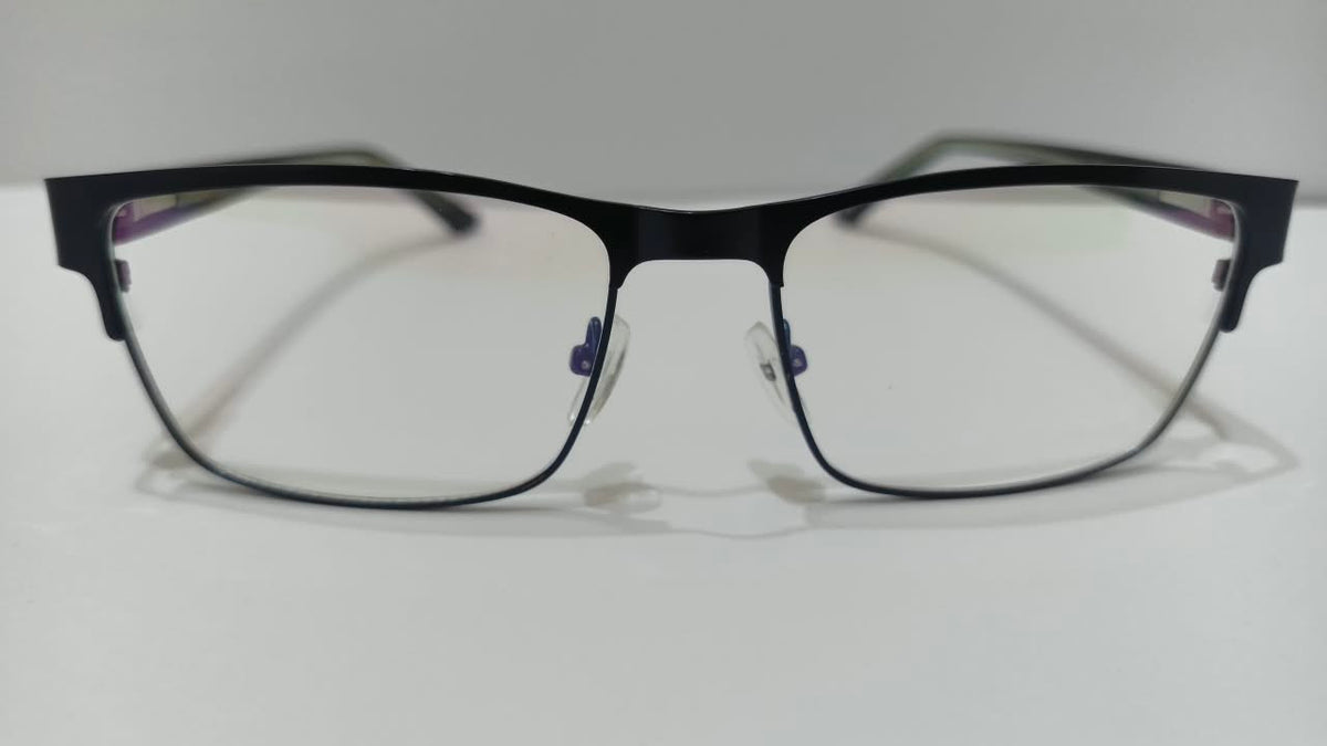 Front view of gunmetal dark-blue rectangular eyeglasses with thin lower rims