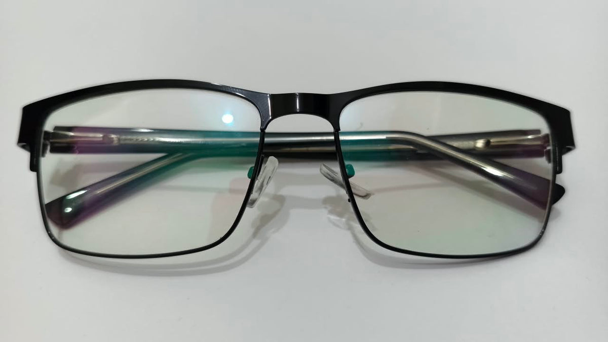 Front view of shiny black semi-rimless rectangular eyeglasses, size 52-18-135
