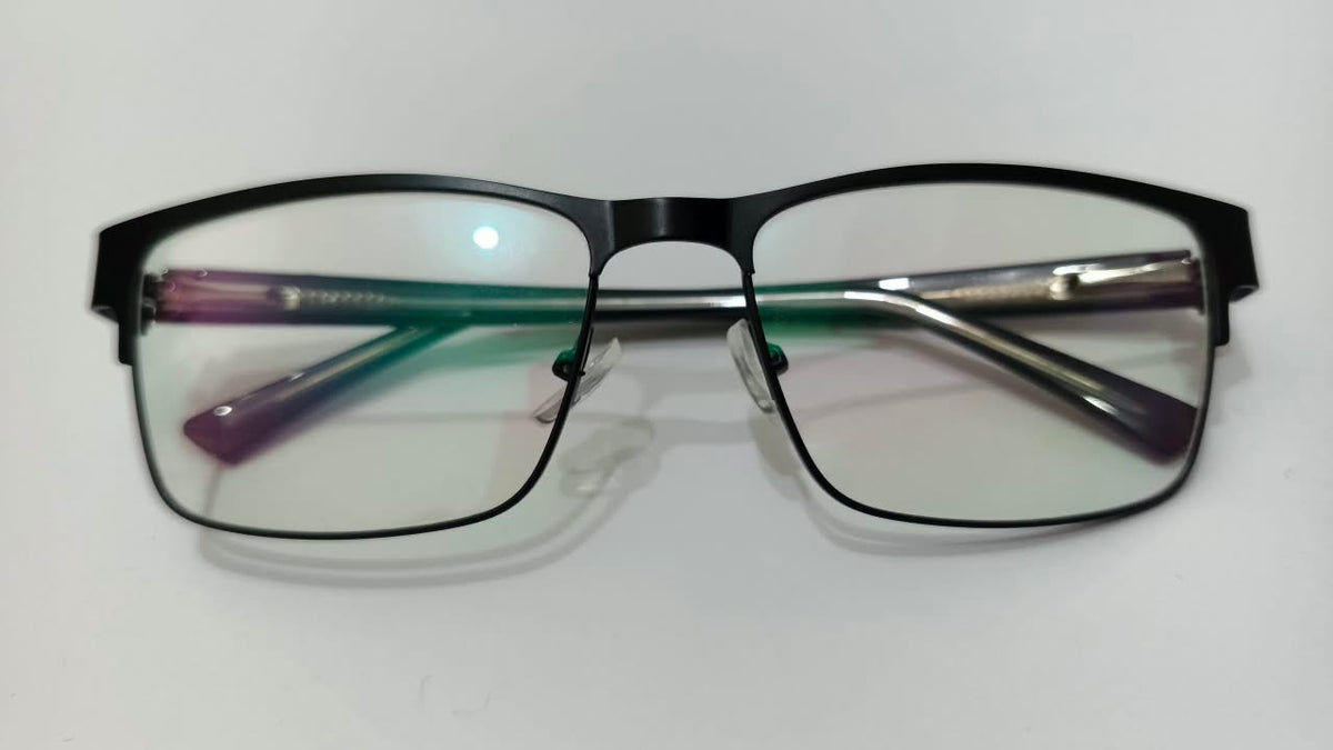 Front view of gunmetal black rectangular half-rim eyeglasses, size 52-18-135