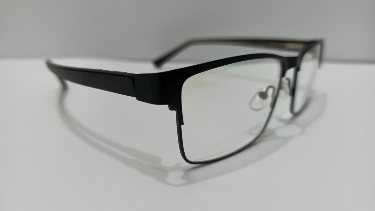 Angled side view of gunmetal black rectangular eyeglasses