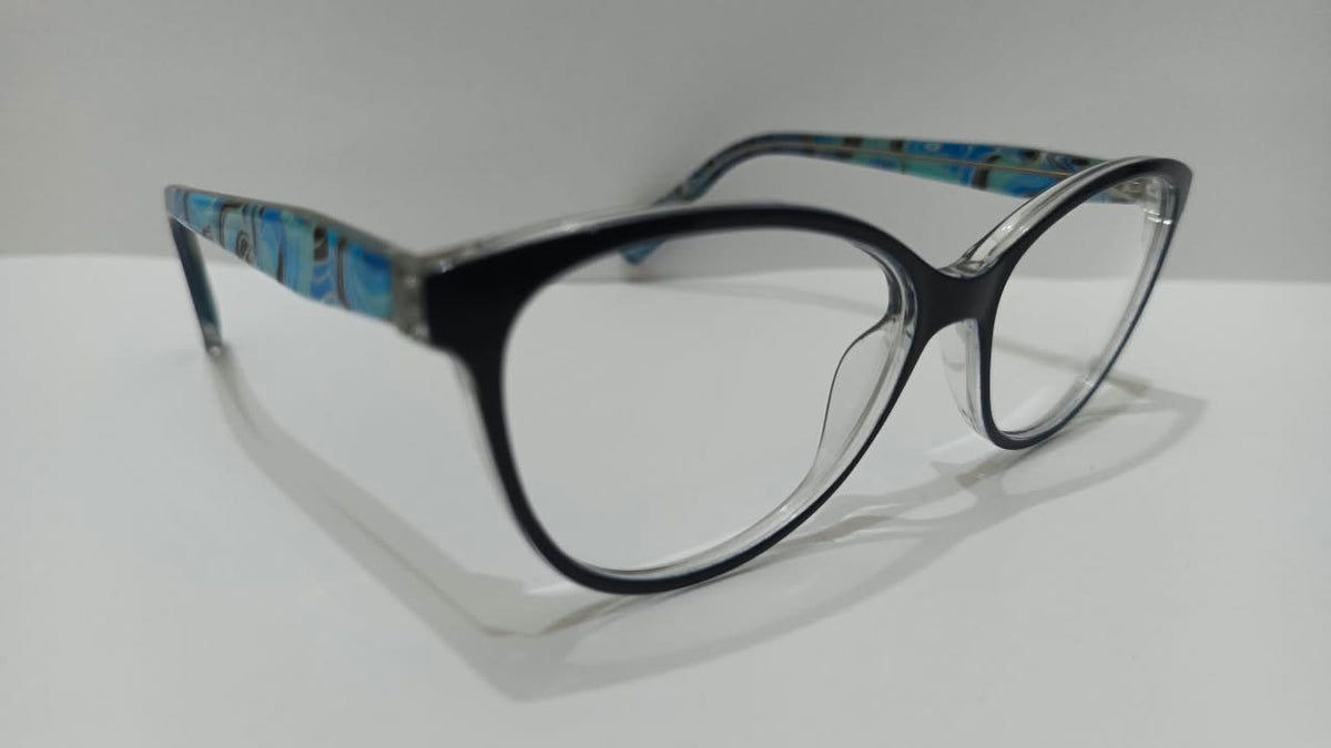 Angled view of black eyeglass frames with blue patterned temples
