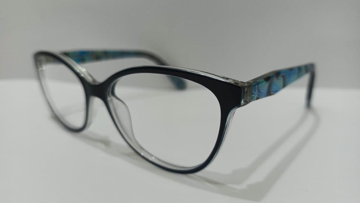 Side view showing blue patterned temples on black eyeglass frames
