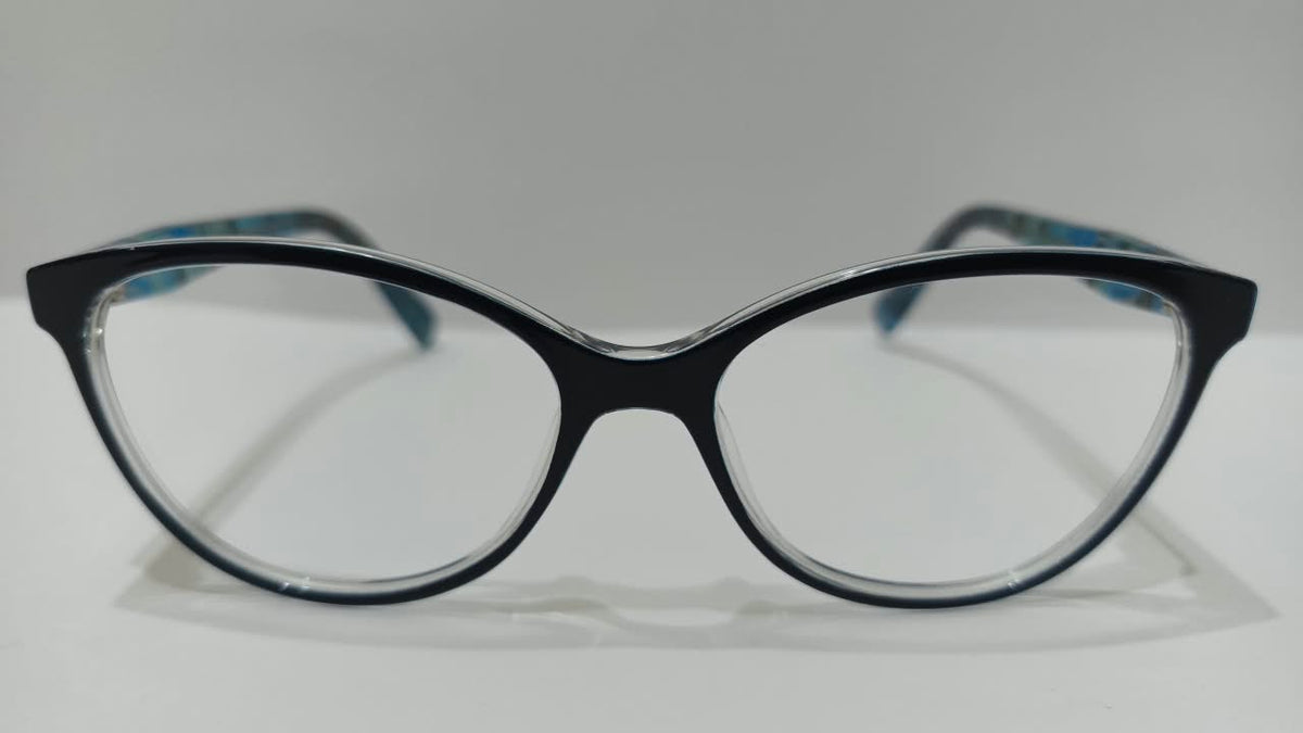 Front view of black cat-eye eyeglass frames with blue patterned temples