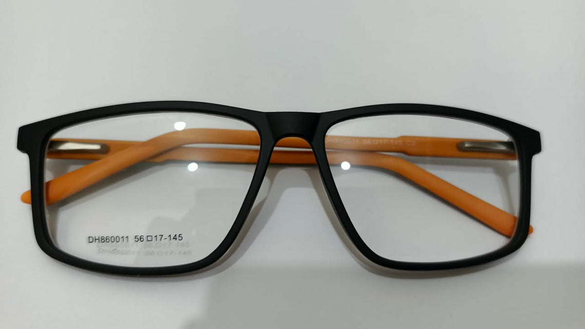 Front view of DH860011 black rectangular eyeglasses with orange temple arms