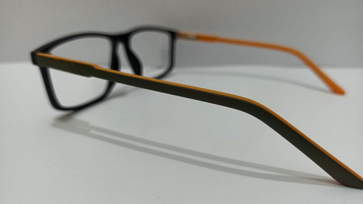 Side view showing orange detailing on the DH860011 eyeglass temples