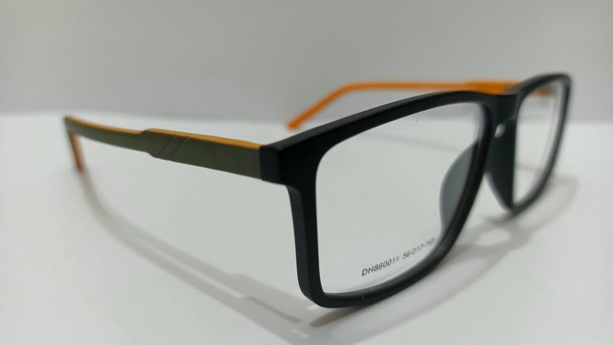 Three-quarter view of DH860011 black rectangular eyeglasses with orange temple arms