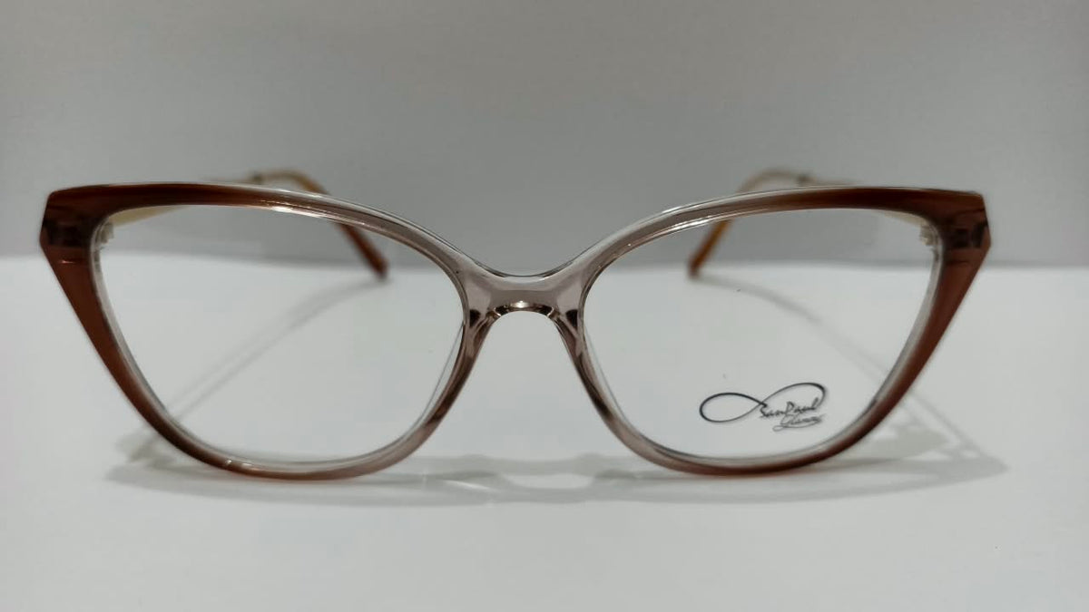 Front close-up of the translucent brown cat-eye frame