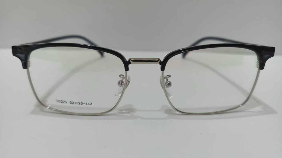 Front view showing the rectangular half-rim design