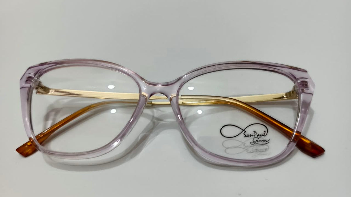 Front view of translucent pinkish-purple eyeglasses with sand-tone temples