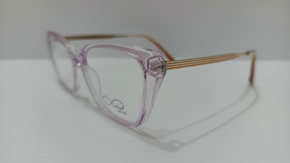 Side view of translucent pinkish-purple eyeglasses with sand-tone temples