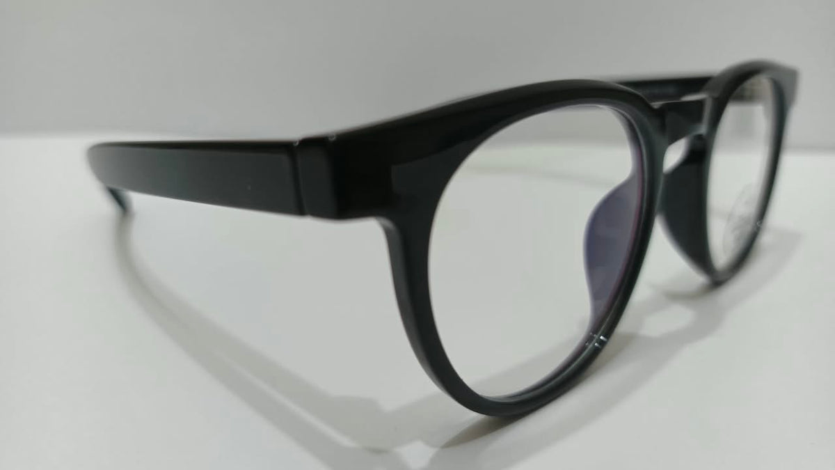 Glossy black full-rim eyeglasses, angled view