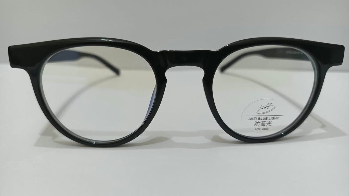 Front view of glossy black round full-rim eyeglasses with UV400 lens label