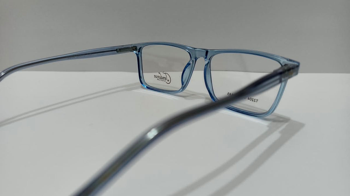 Translucent blue Tendence eyeglasses, angled view