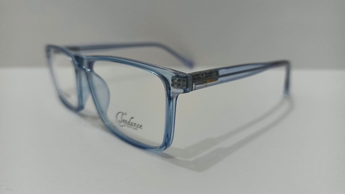 Close angled view of translucent blue full-rim eyeglasses