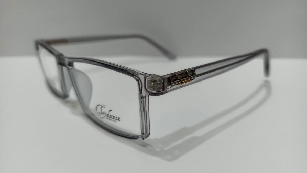 Translucent smoke-gray rectangular eyeglasses, three-quarter view