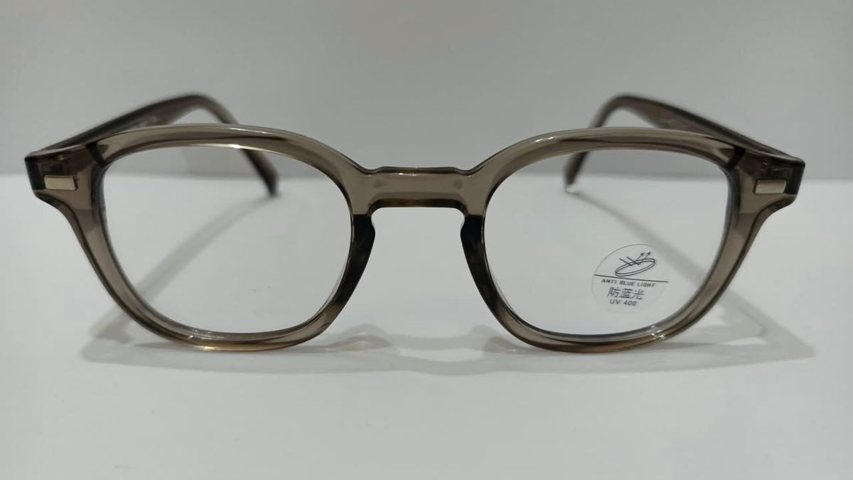 Front view of smoky taupe square eyeglasses with anti-blue-light UV400 label