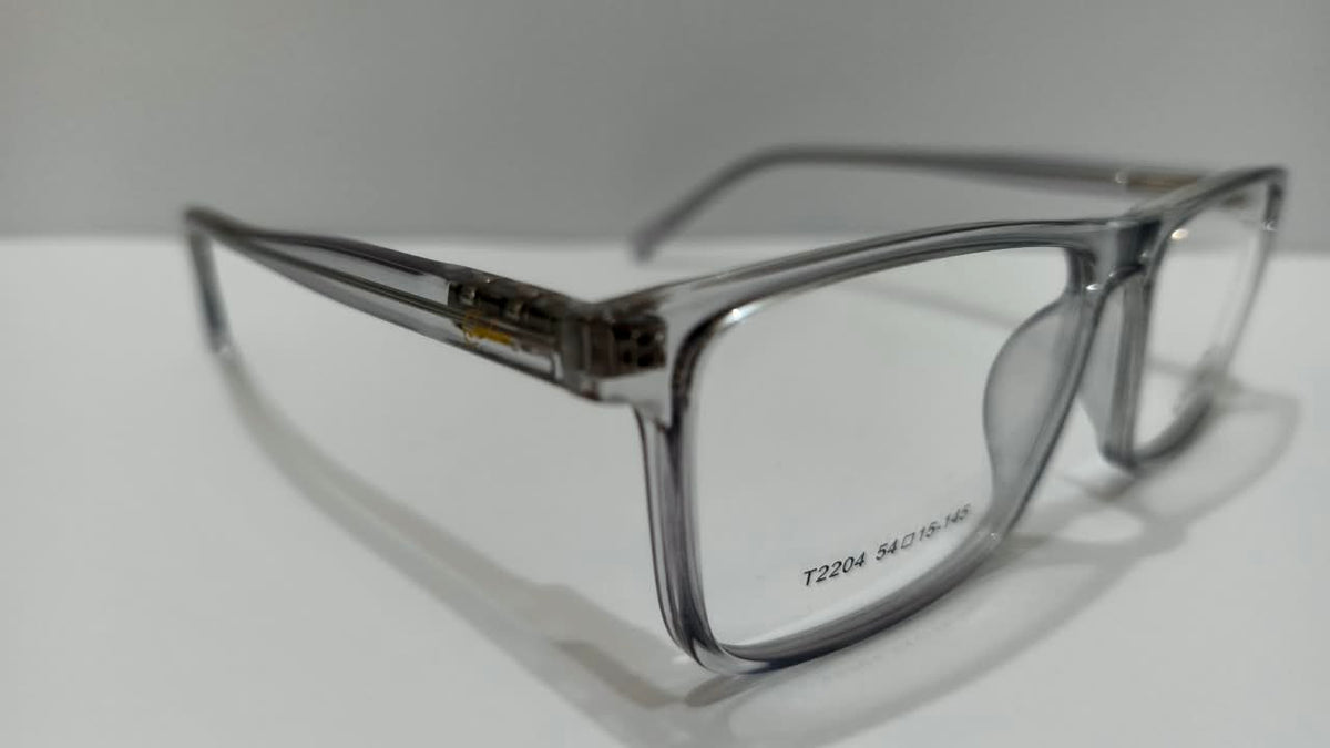 Angled view of smoky clear-gray Tendence T2204 glasses