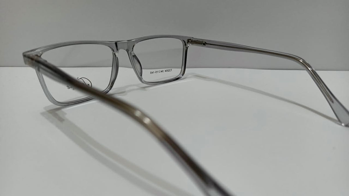 Rear angled view of smoky gray Tendence T2204 eyeglasses