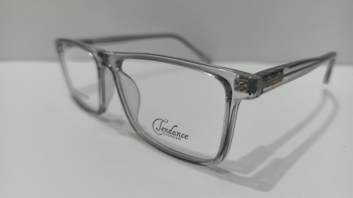 Three-quarter view of smoky gray full-rim Tendence eyeglasses