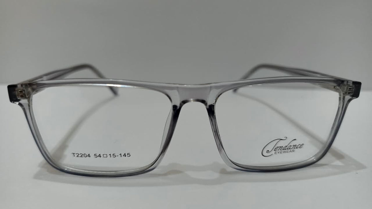 Front view of smoky gray Tendence T2204 rectangular eyeglasses showing 54-15-145 size