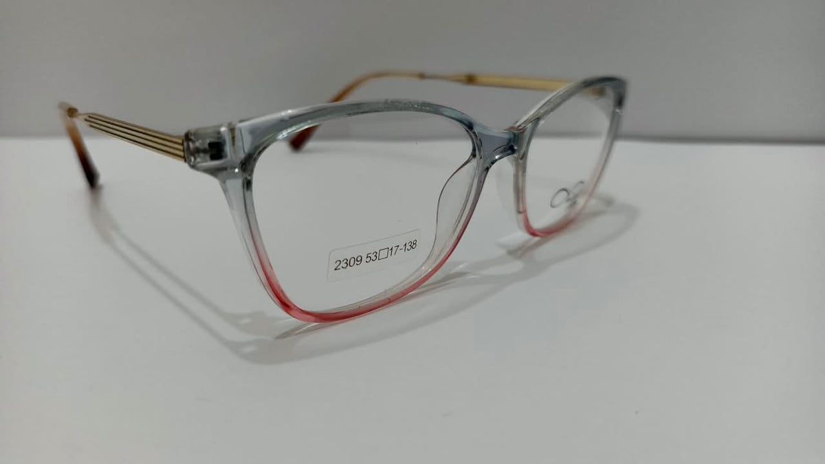 Angled view of translucent gray and rose-pink 2309 eyeglasses