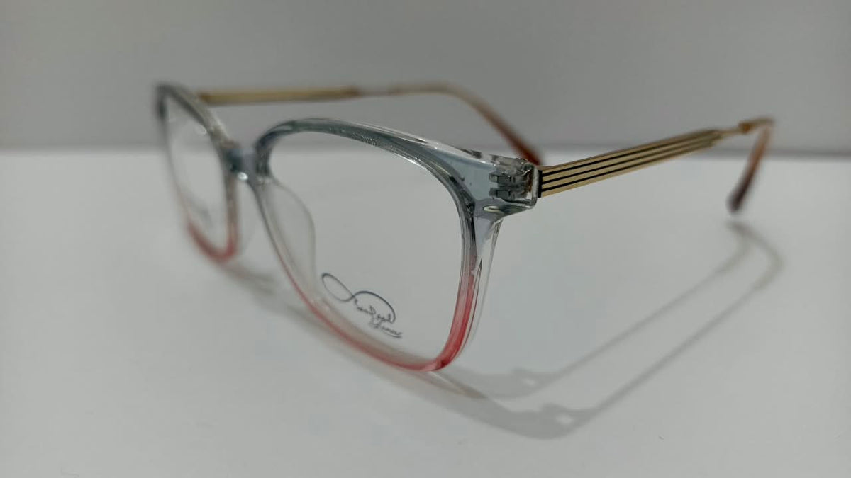 Side angle of translucent gray and rose-pink eyeglasses