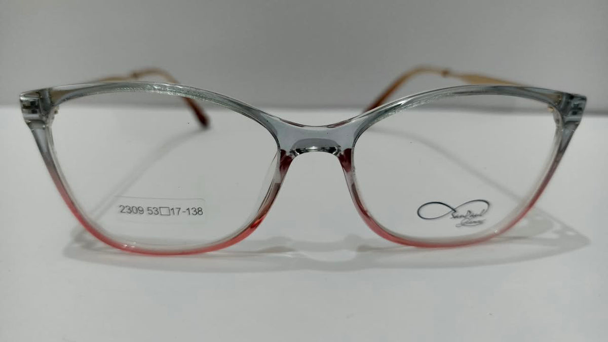 Front view of 2309 eyeglasses in translucent gray and rose pink, size 53-17-138