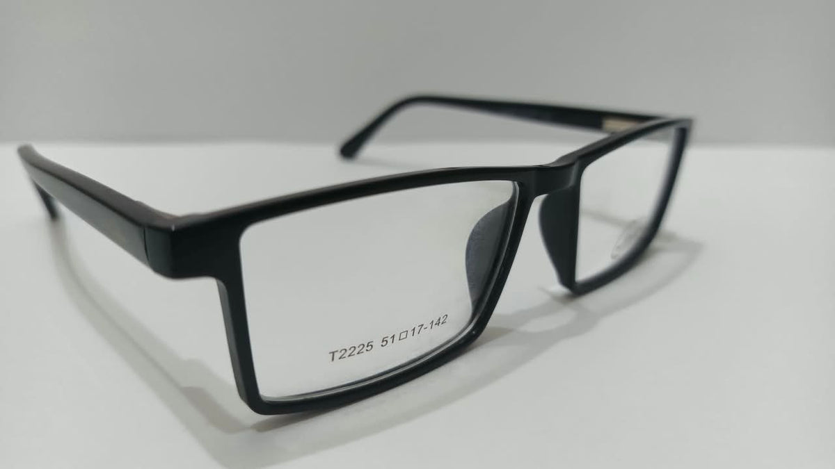 Side angled view of black T2225 glasses showing size