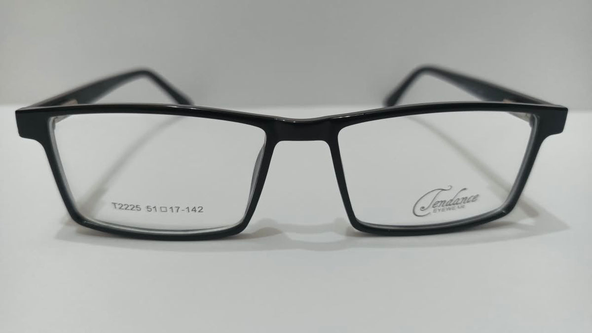 Front view of black Tendence T2225 rectangular glasses showing size 51-17-142