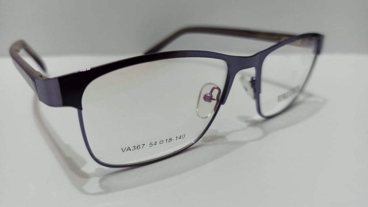 Angled view of purple gunmetal VALUCI VA367 rectangular eyeglasses