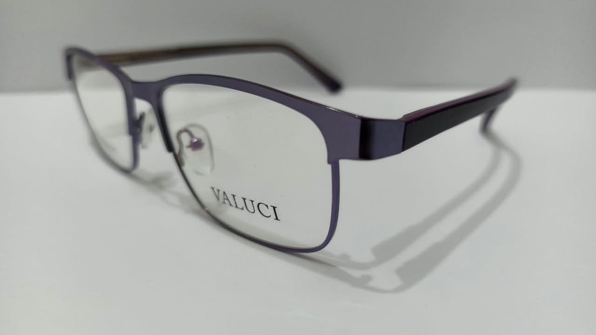 Three-quarter view of purple gunmetal VALUCI eyeglasses