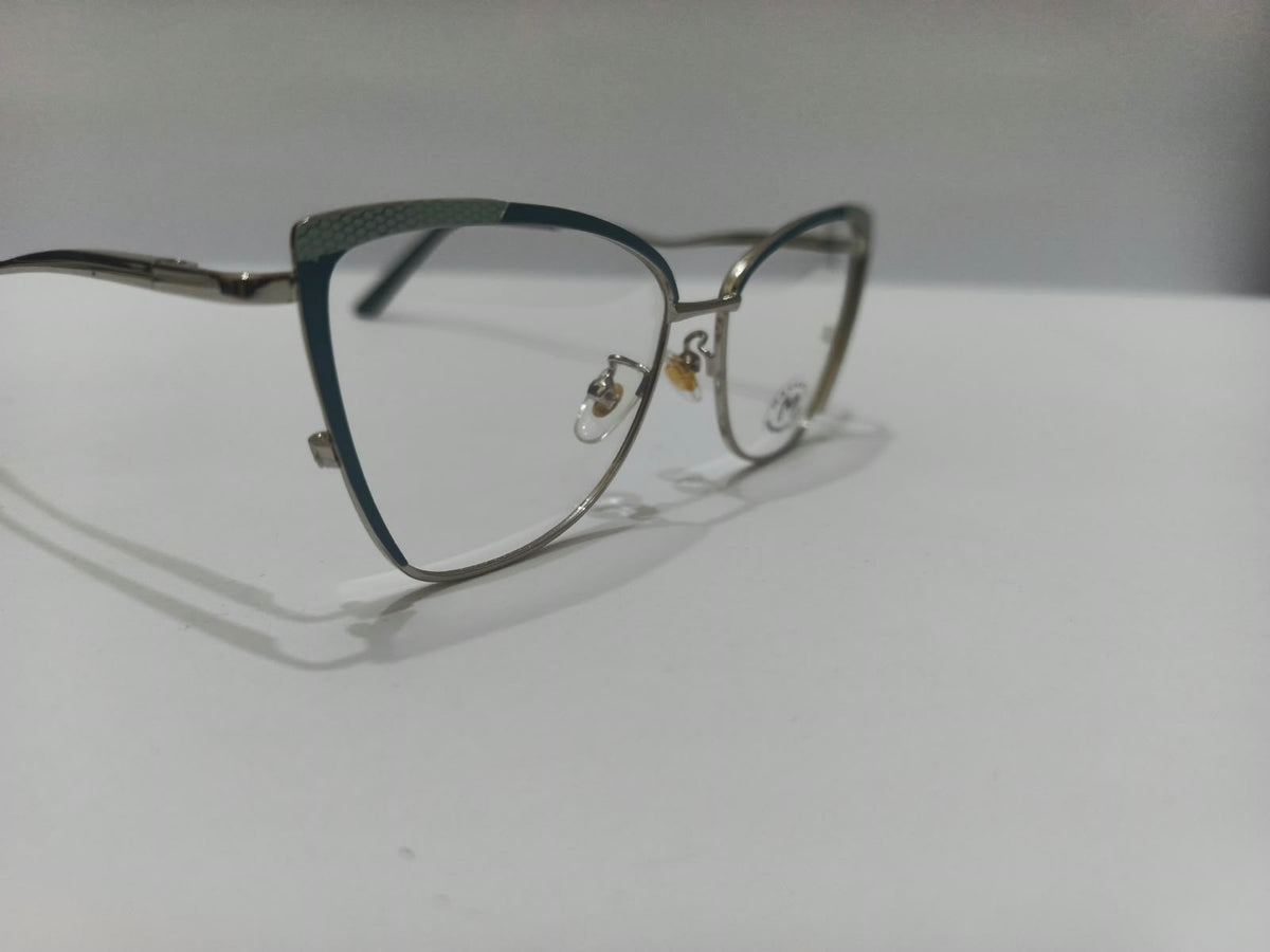 Ladies teal and silver patterned cat-eye eyeglasses frame, size 52-17-134